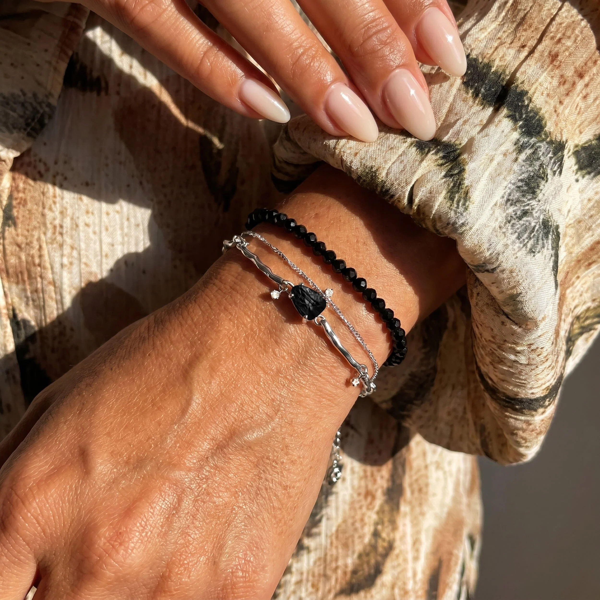 Black Obsidian Bracelet Stack - Flowing Strength - Image 2