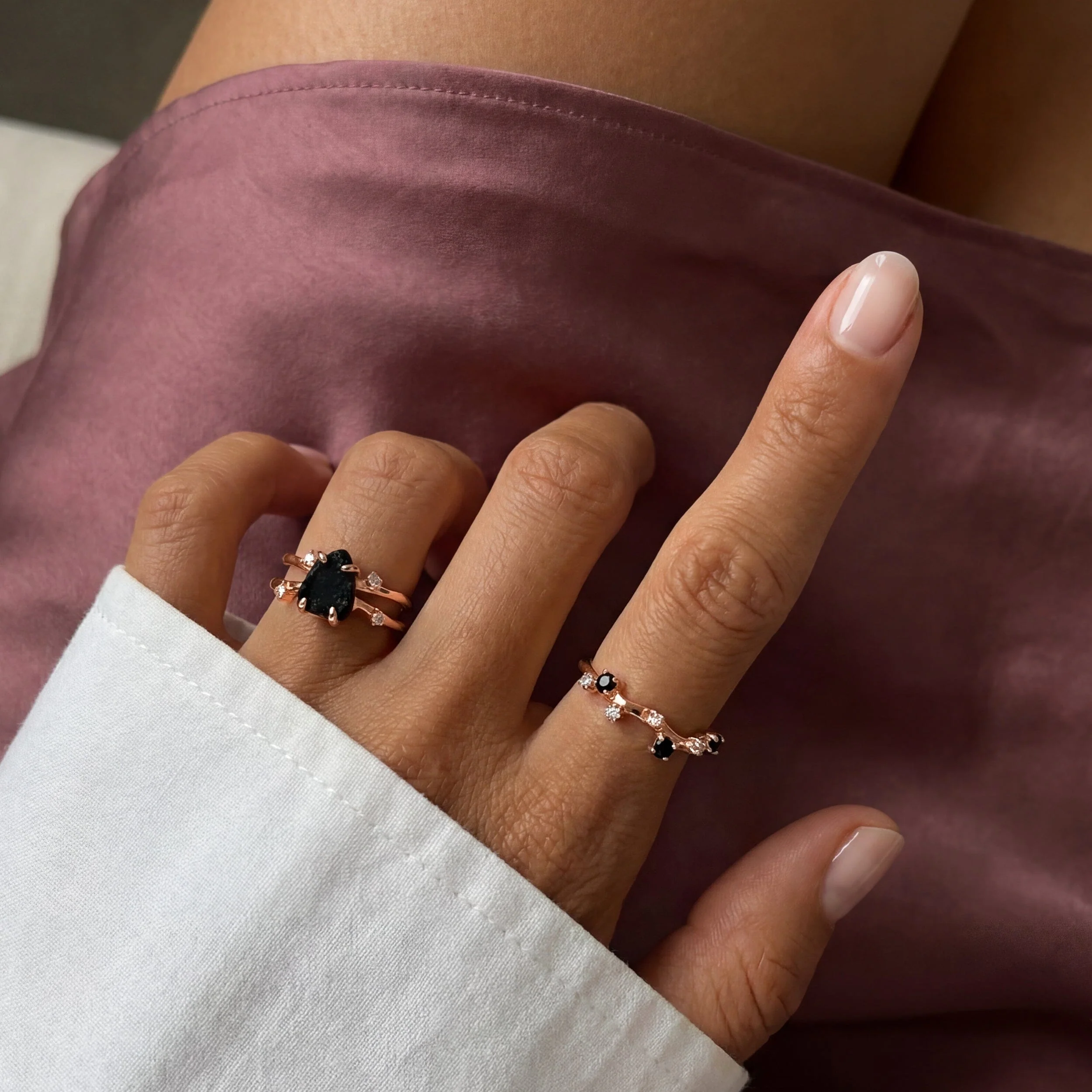 Black Obsidian Flow Ring & Black Onyx Stardust Band - Image 4