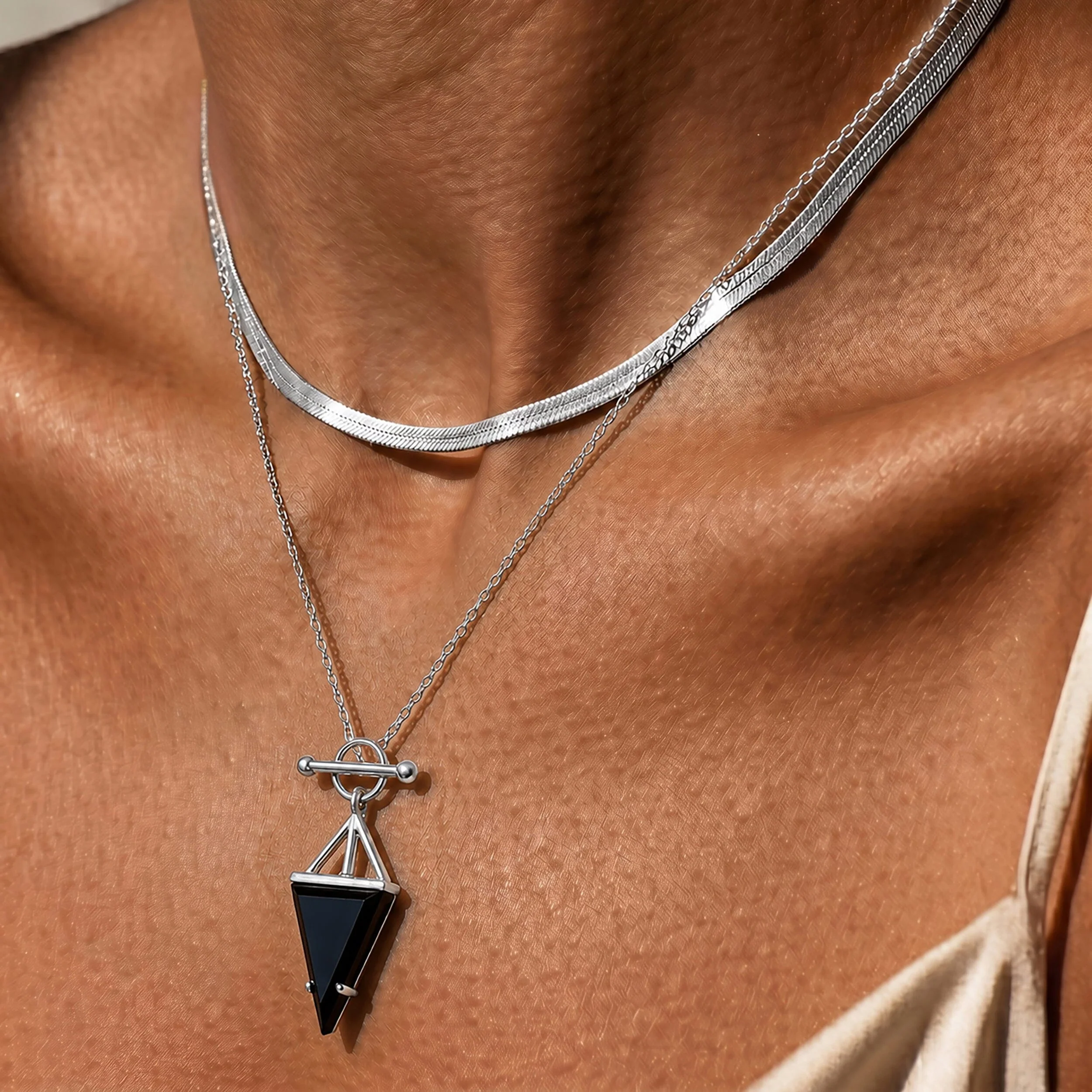 Black Obsidian Heroine T-Lock Necklace & Herringbone Chain - Image 2