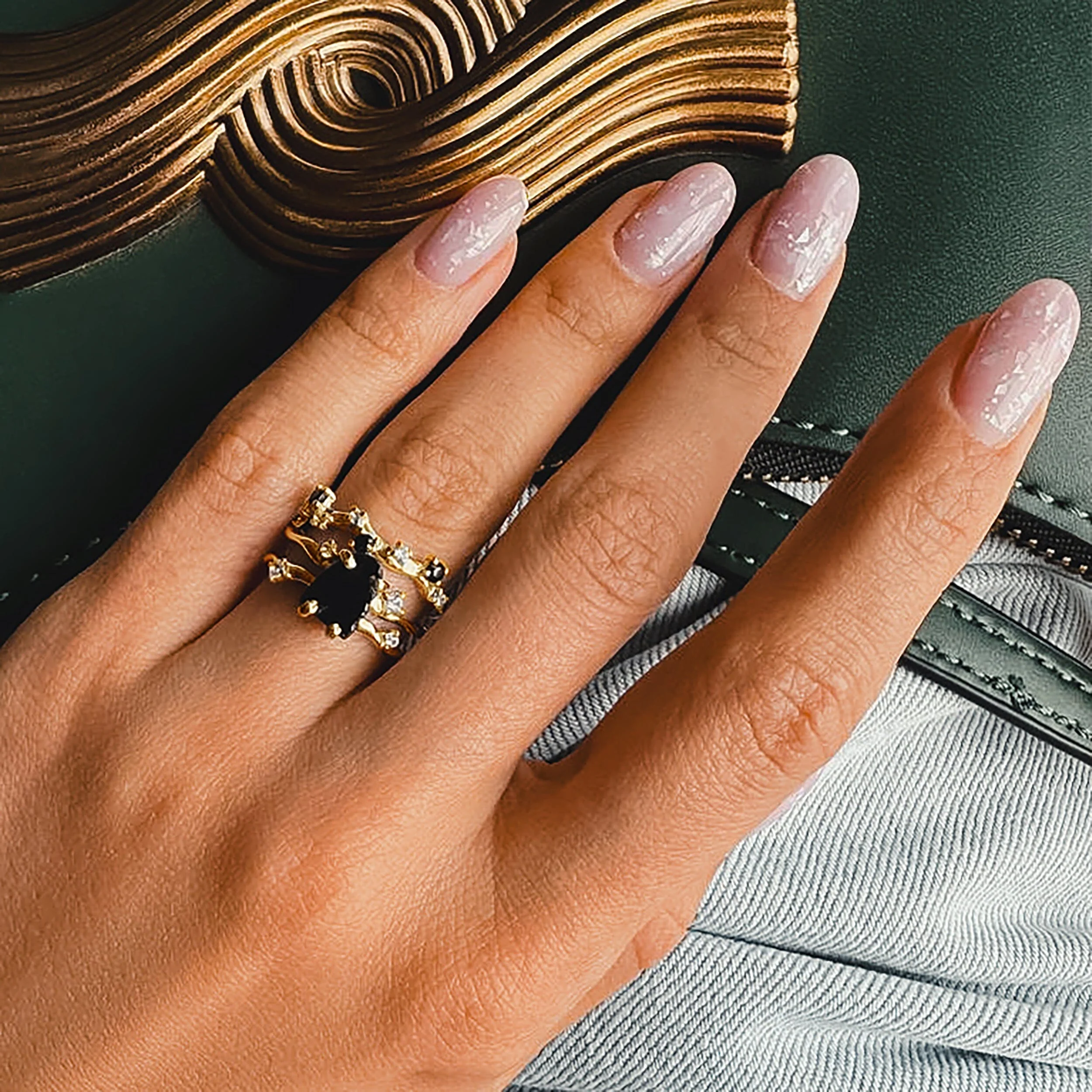 Black Obsidian Lab Diamond Flow Ring & Stardust Band - Image 23