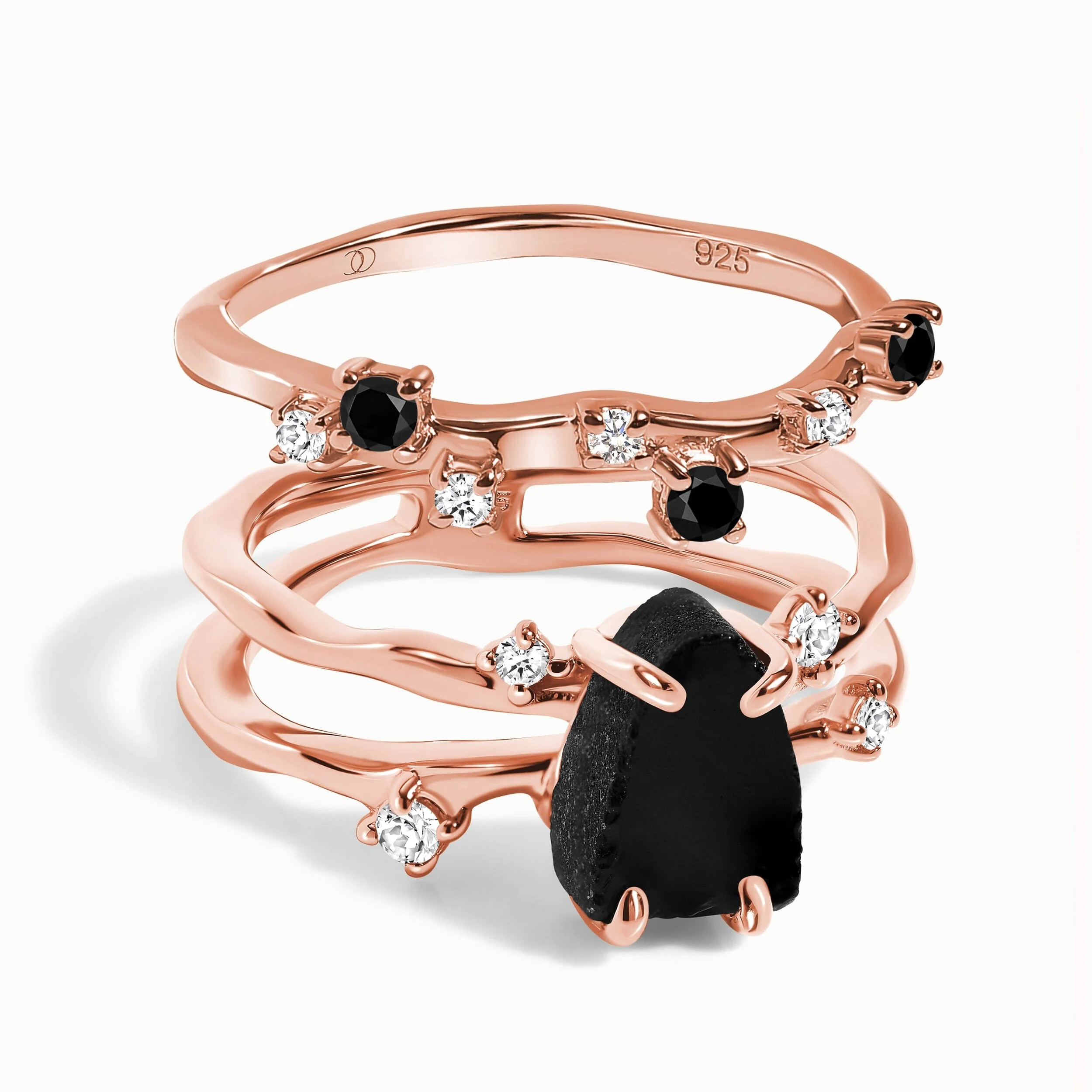 Black Obsidian Lab Diamond Flow Ring & Stardust Band - Image 3