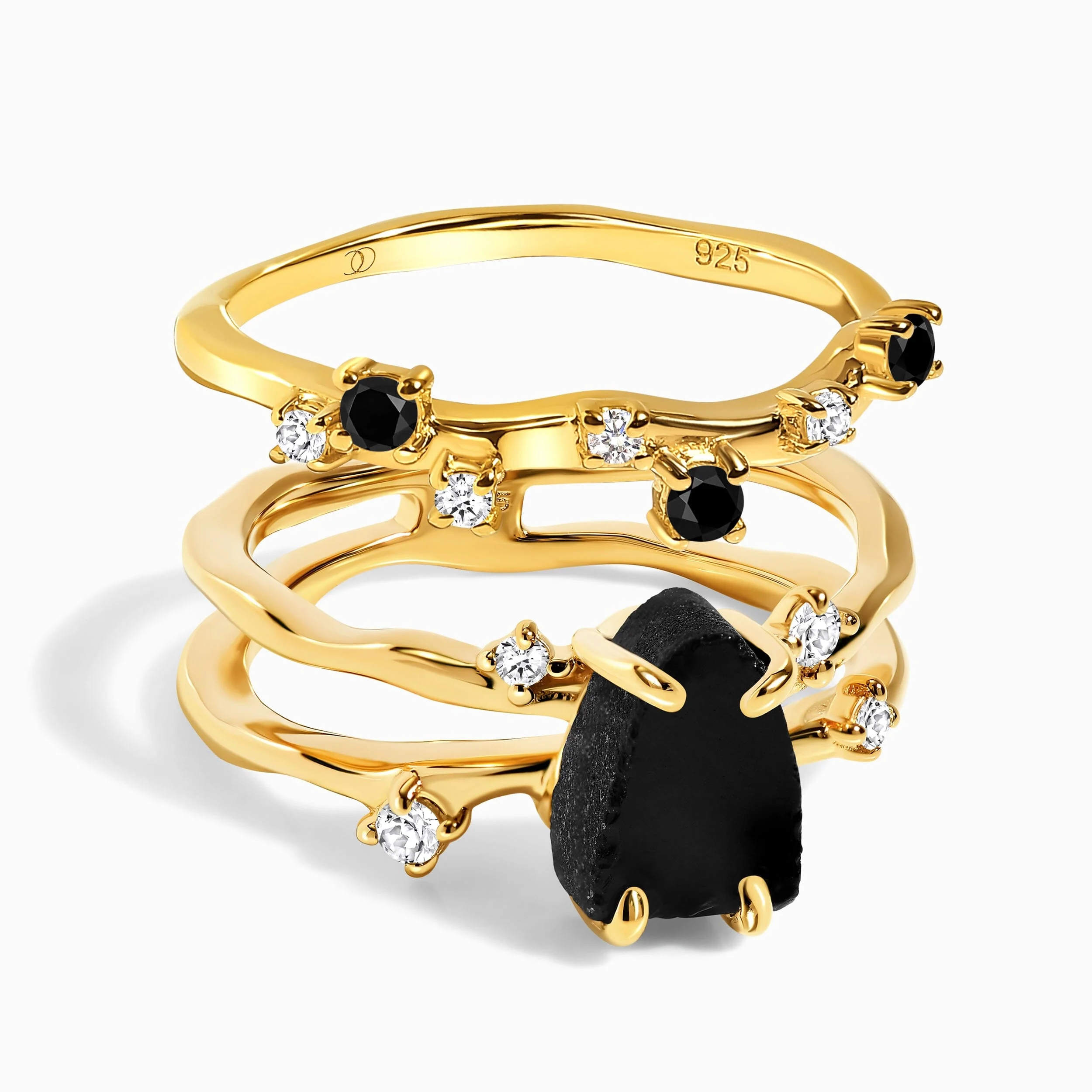 Black Obsidian Lab Diamond Flow Ring & Stardust Band - Image 5