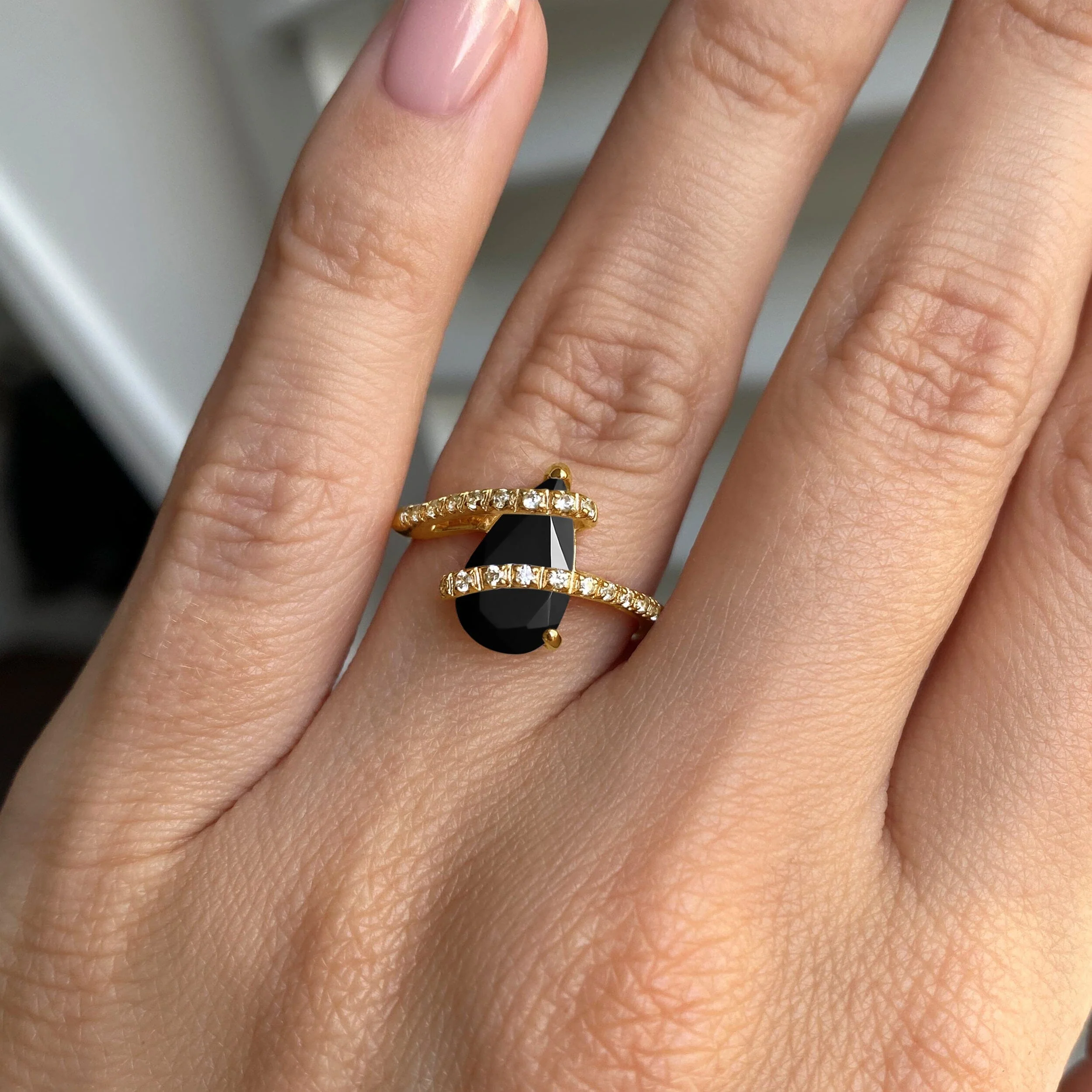 Black Obsidian White Zircon Ring - Bypass - Image 6