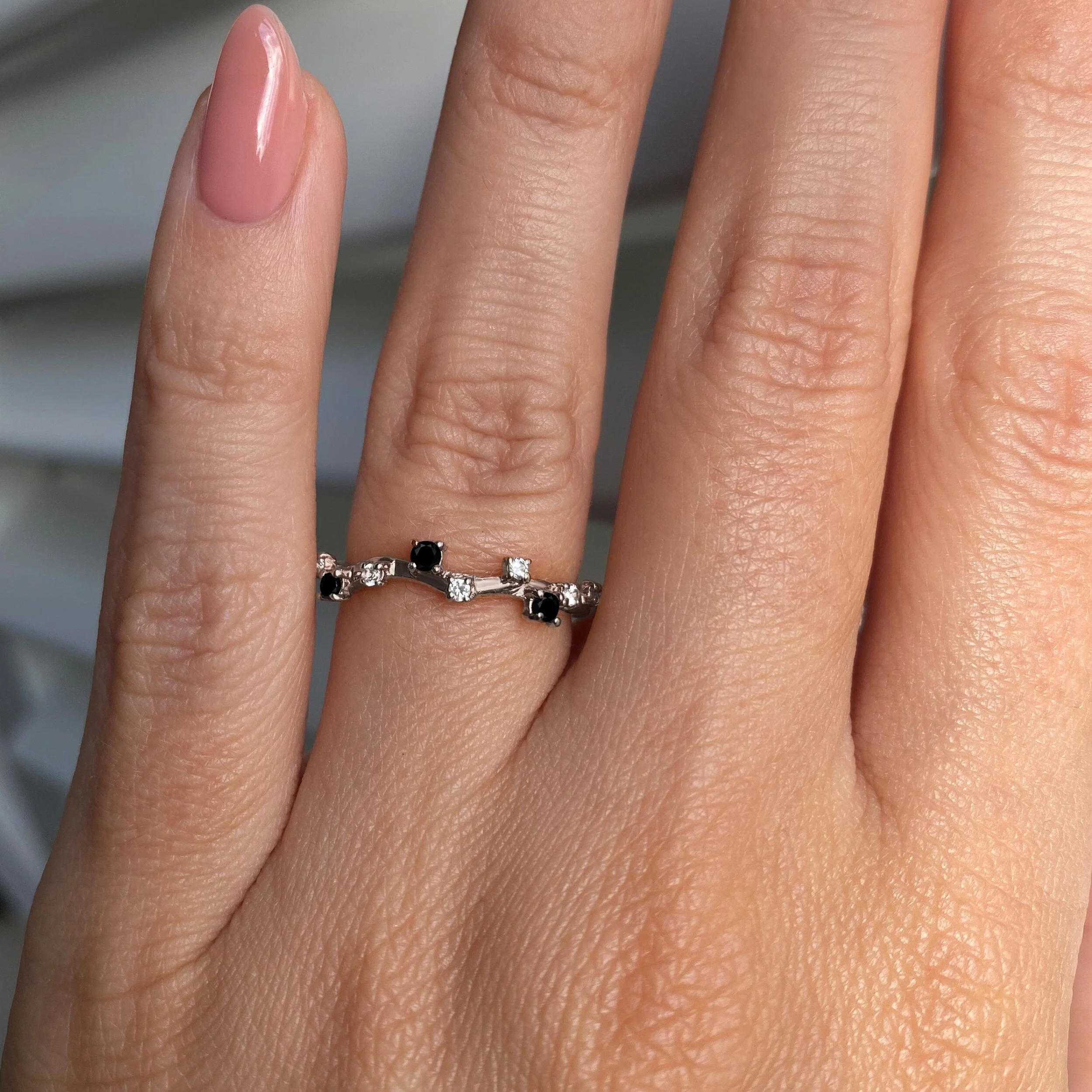 Fine Black Onyx Lab Diamond Ring - Stardust Band - Image 26