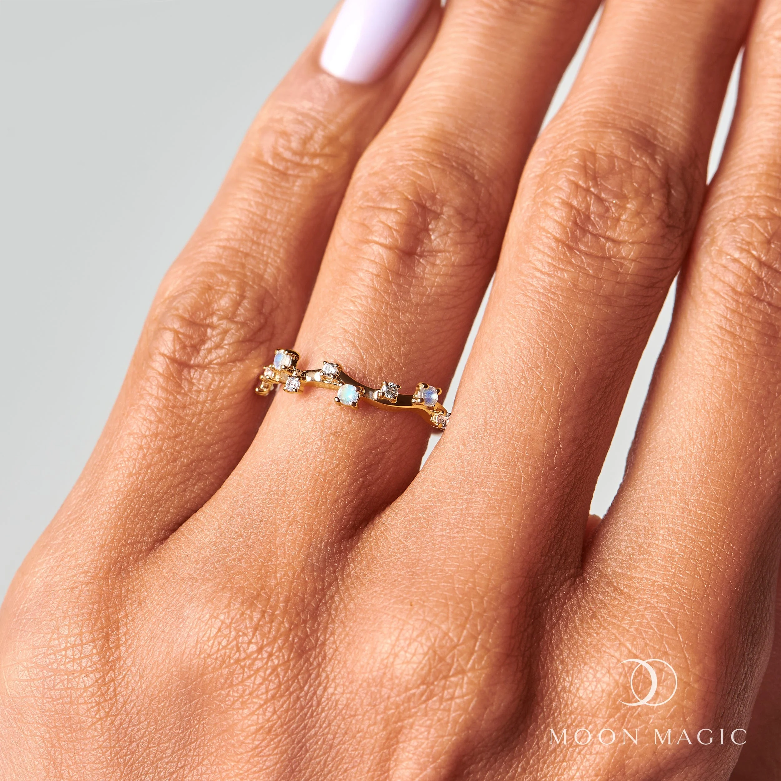 Fine Moonstone Lab Diamond Ring - Stardust Band - Image 6