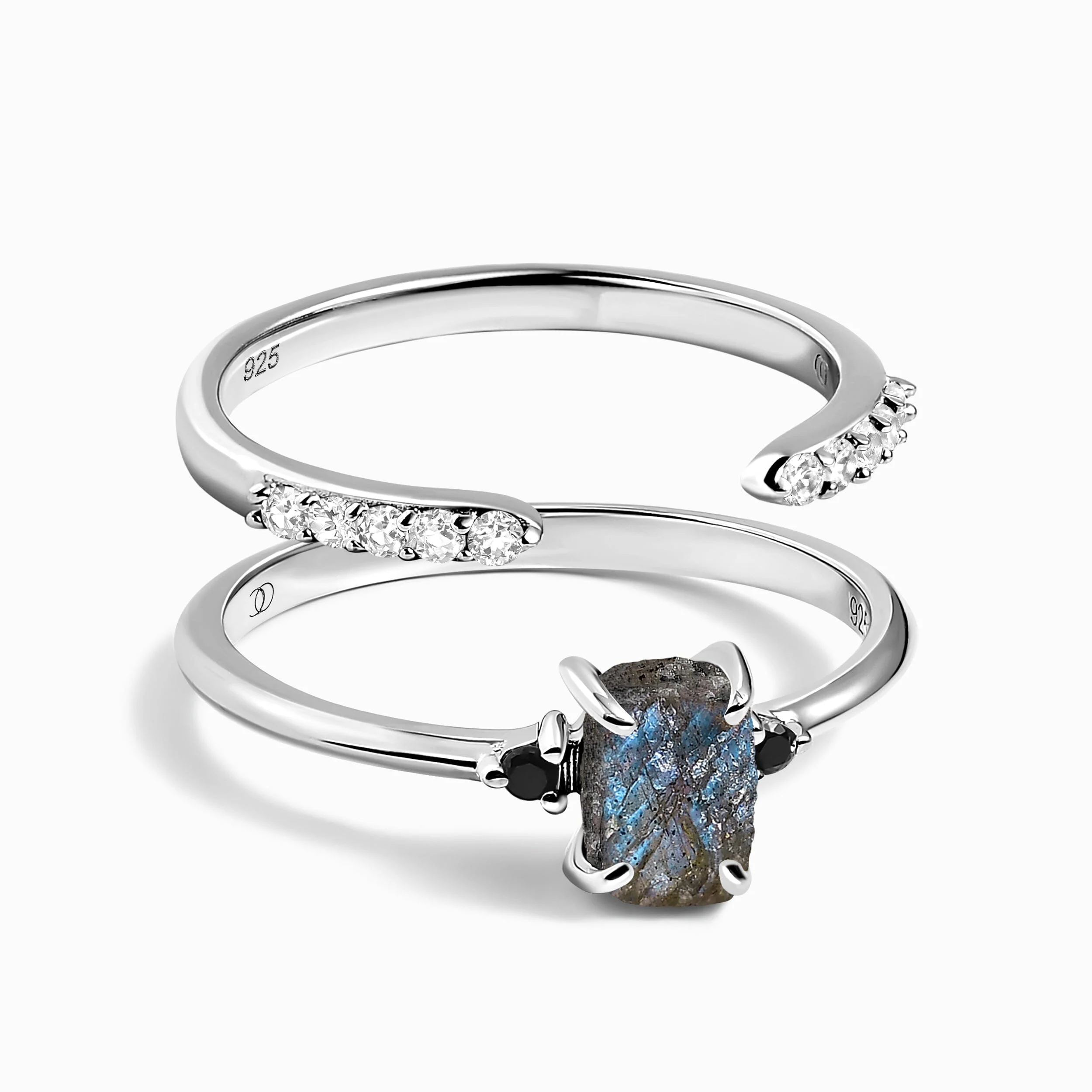 Labradorite Black Onyx Ring - Petite Raw Allure & White Zircon Ring - Twinkling Band