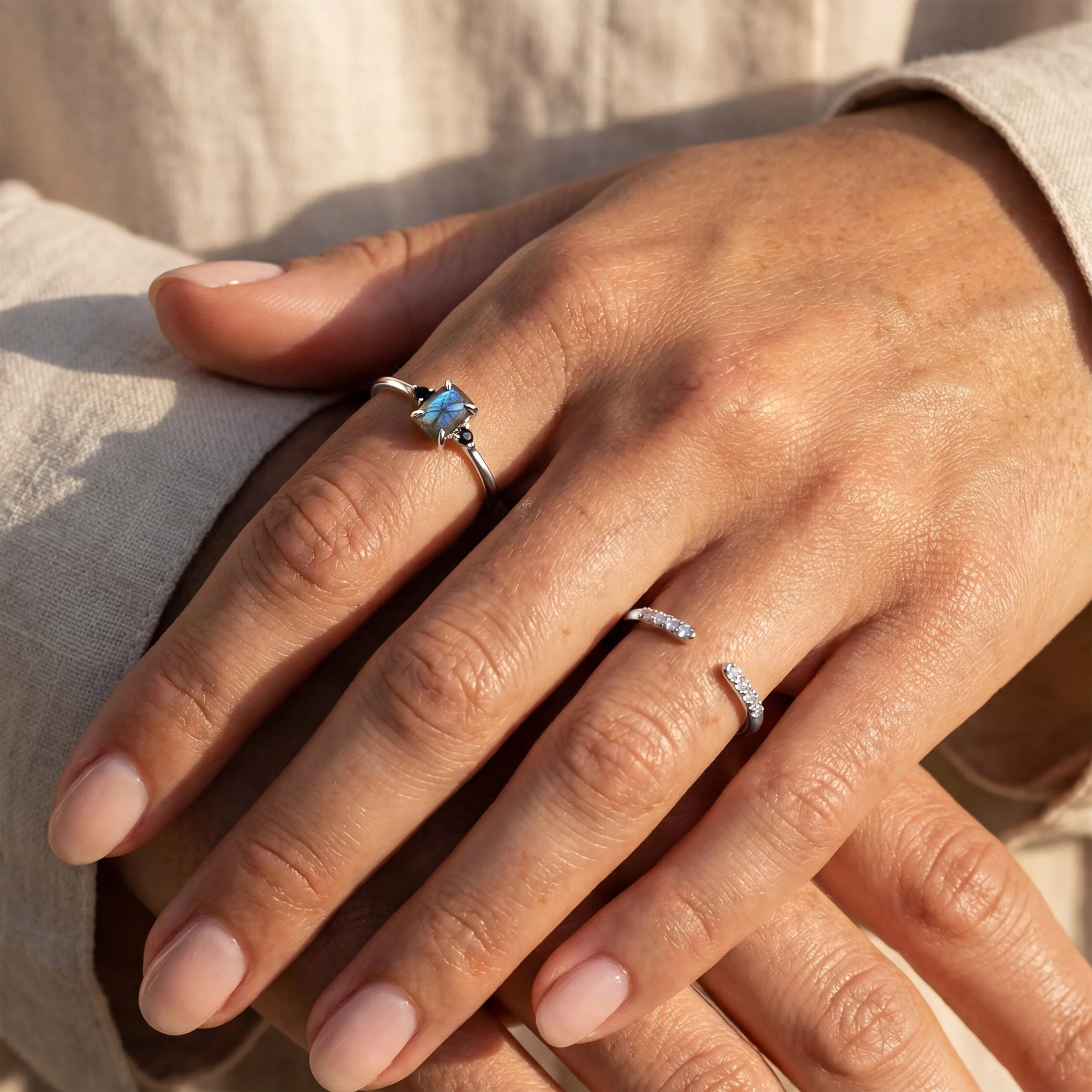 Labradorite Black Onyx Ring - Petite Raw Allure & White Zircon Ring - Twinkling Band - Image 2