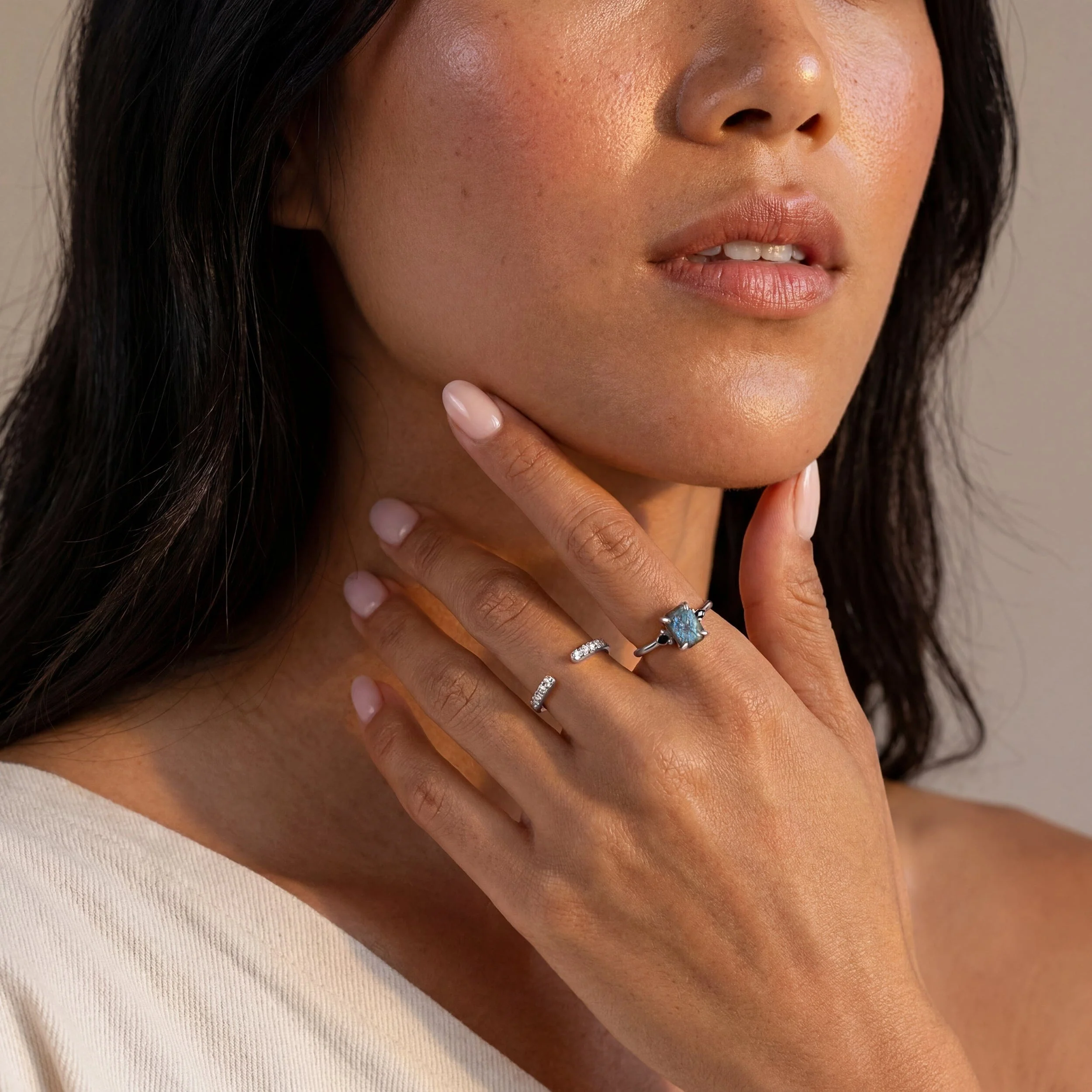Labradorite Black Onyx Ring - Petite Raw Allure & White Zircon Ring - Twinkling Band - Image 3