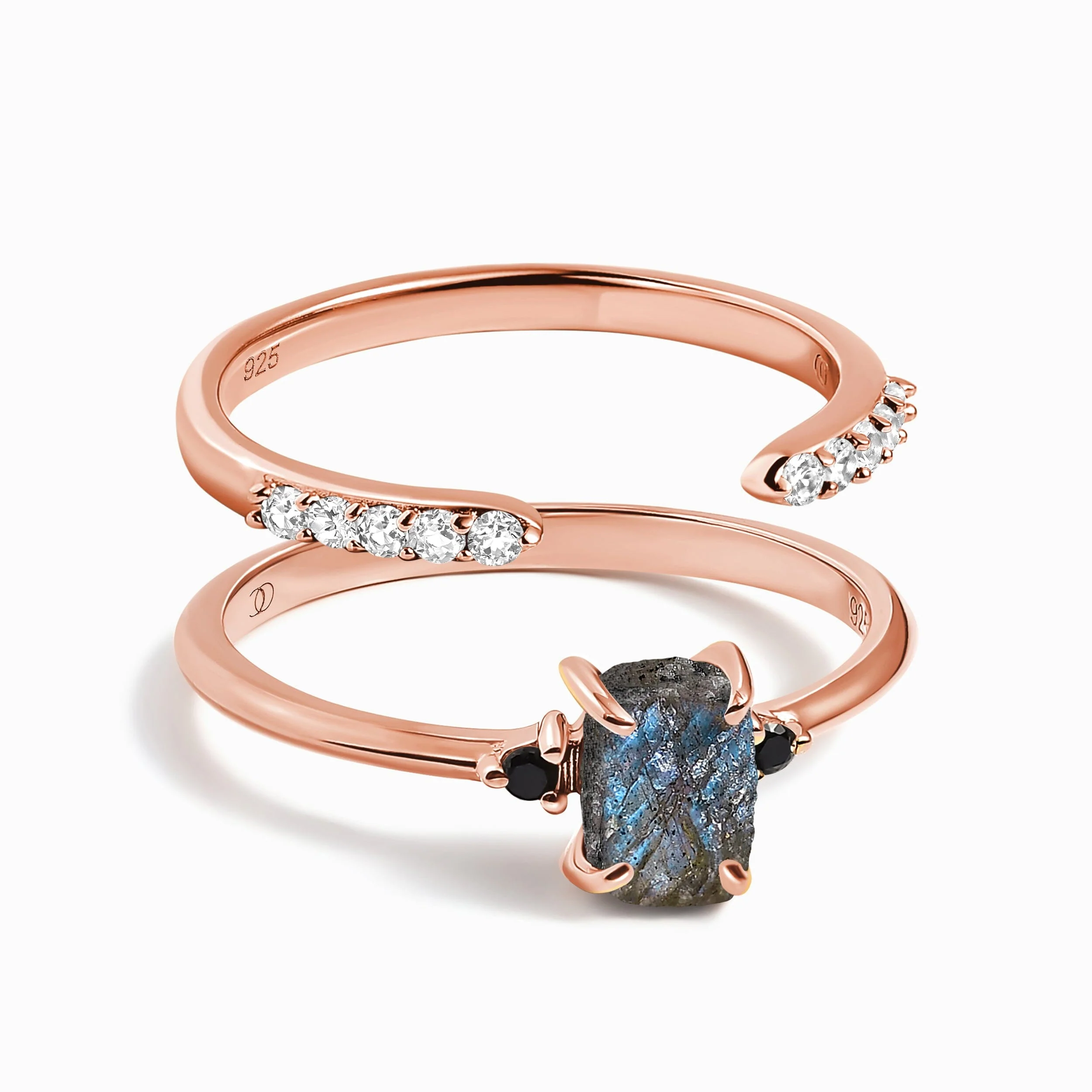 Labradorite Black Onyx Ring - Petite Raw Allure & White Zircon Ring - Twinkling Band - Image 4