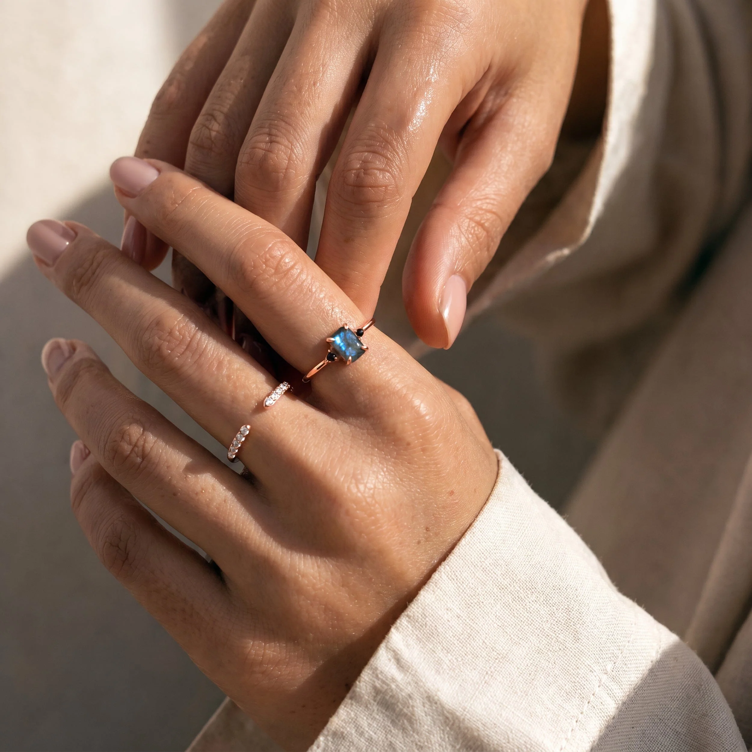 Labradorite Black Onyx Ring - Petite Raw Allure & White Zircon Ring - Twinkling Band - Image 5