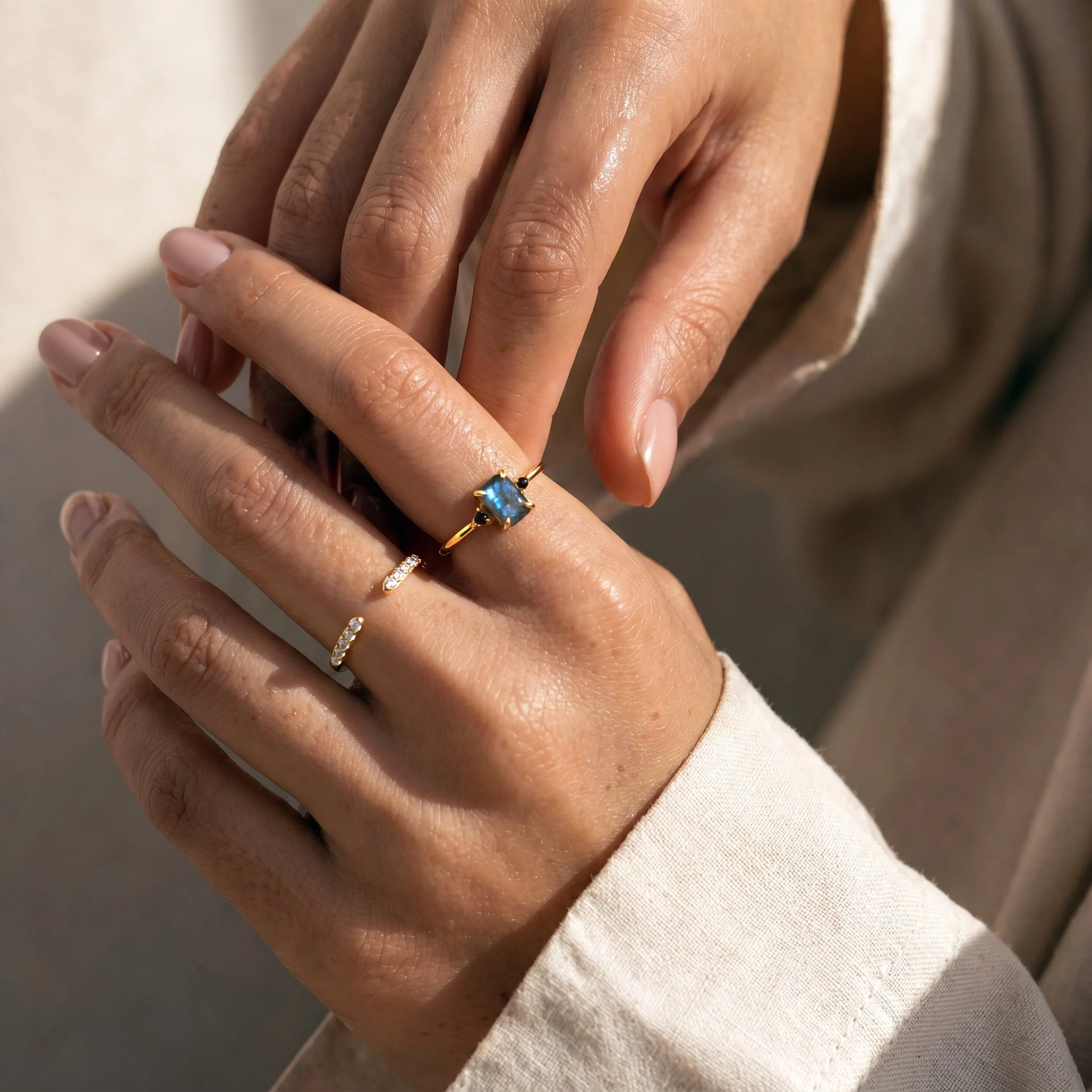 Labradorite Black Onyx Ring - Petite Raw Allure & White Zircon Ring - Twinkling Band - Image 8