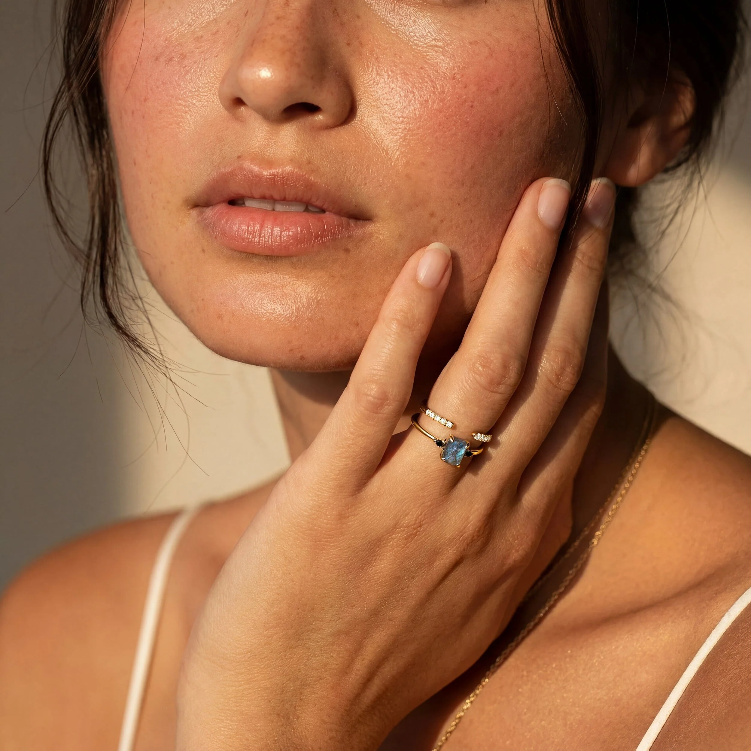 Labradorite Black Onyx Ring - Petite Raw Allure & White Zircon Ring - Twinkling Band - Image 9