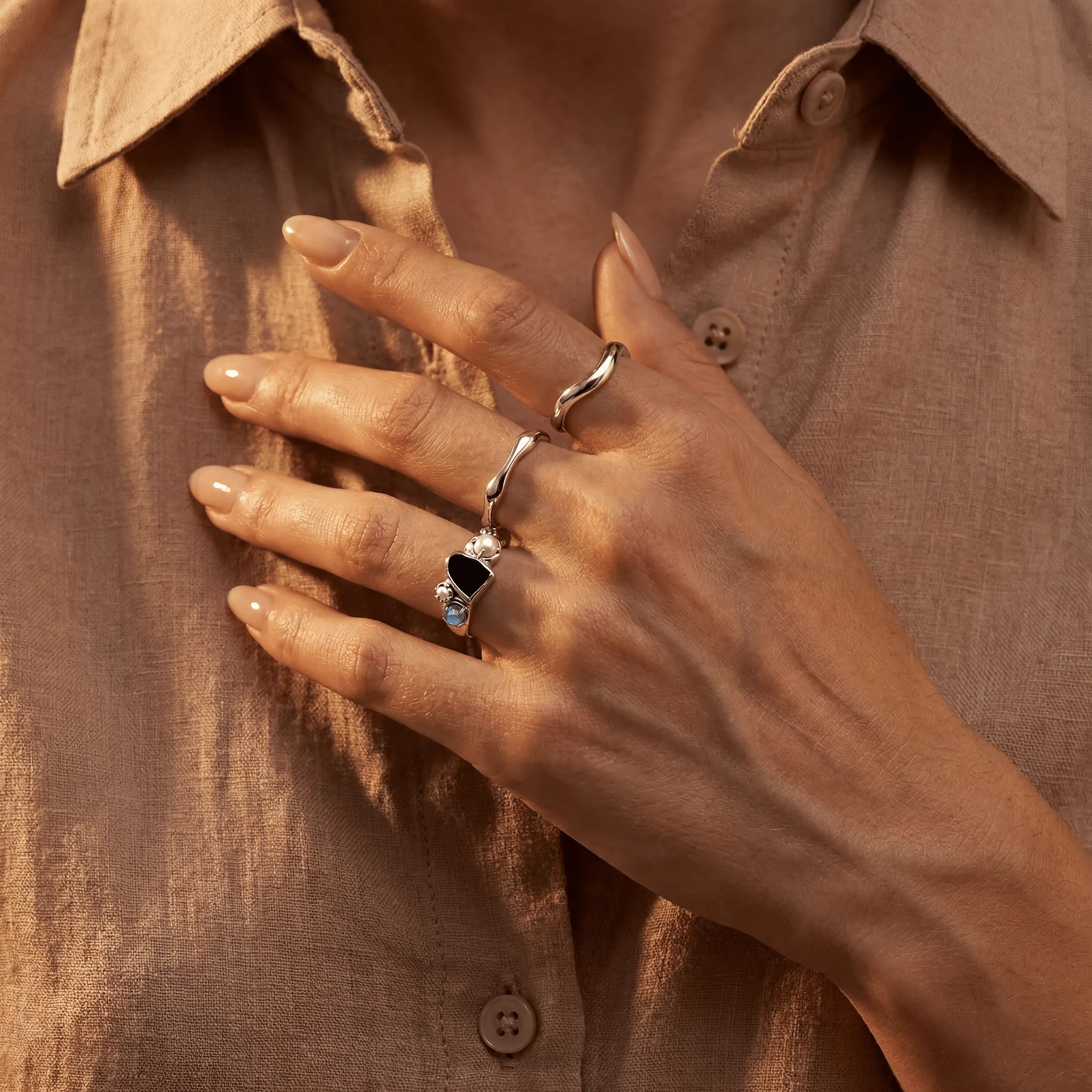 Black Obsidian Heirloom & Magma & Waves Rings - Image 3