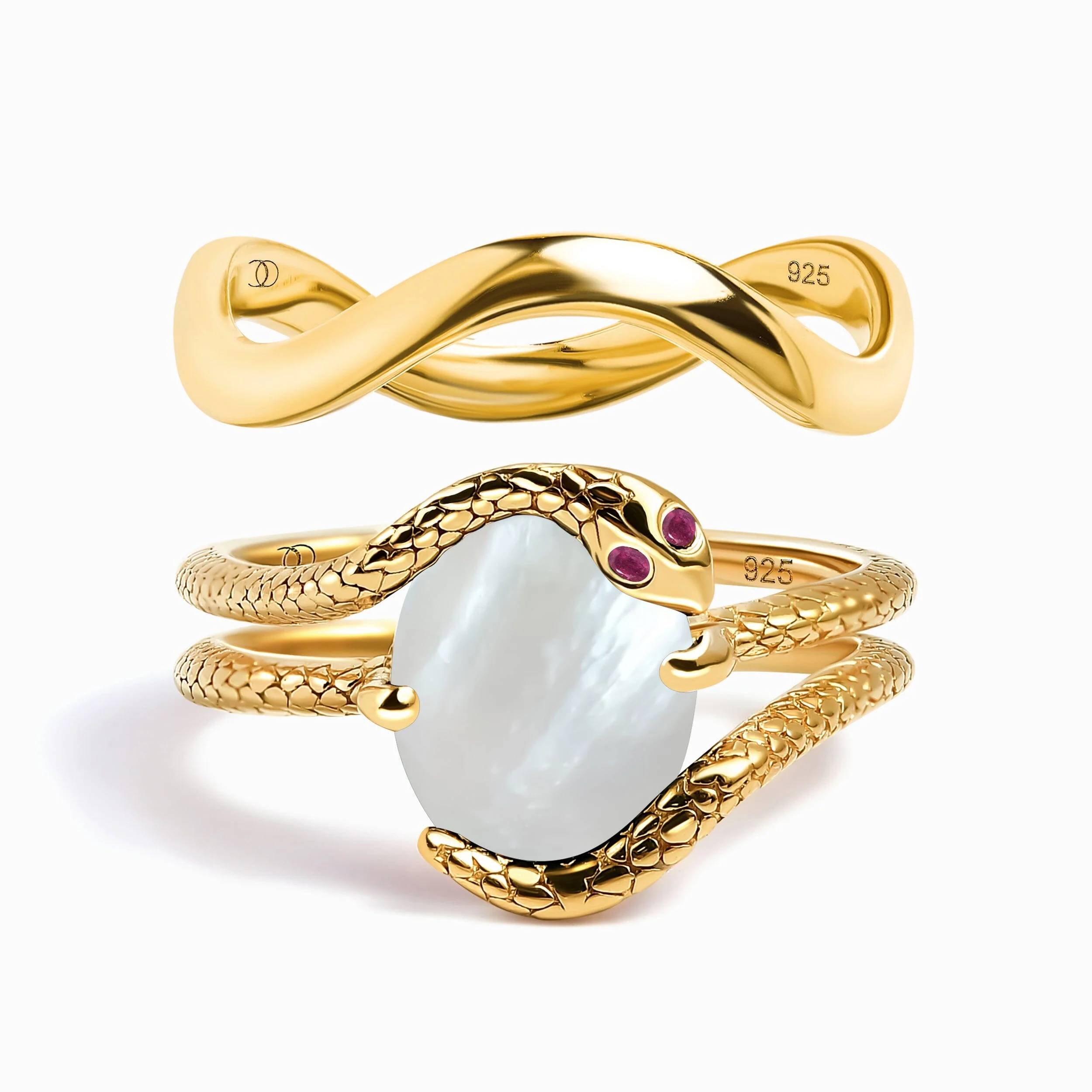 Mother of Pearl Ruby Serpent & Waves Rings - Image 3