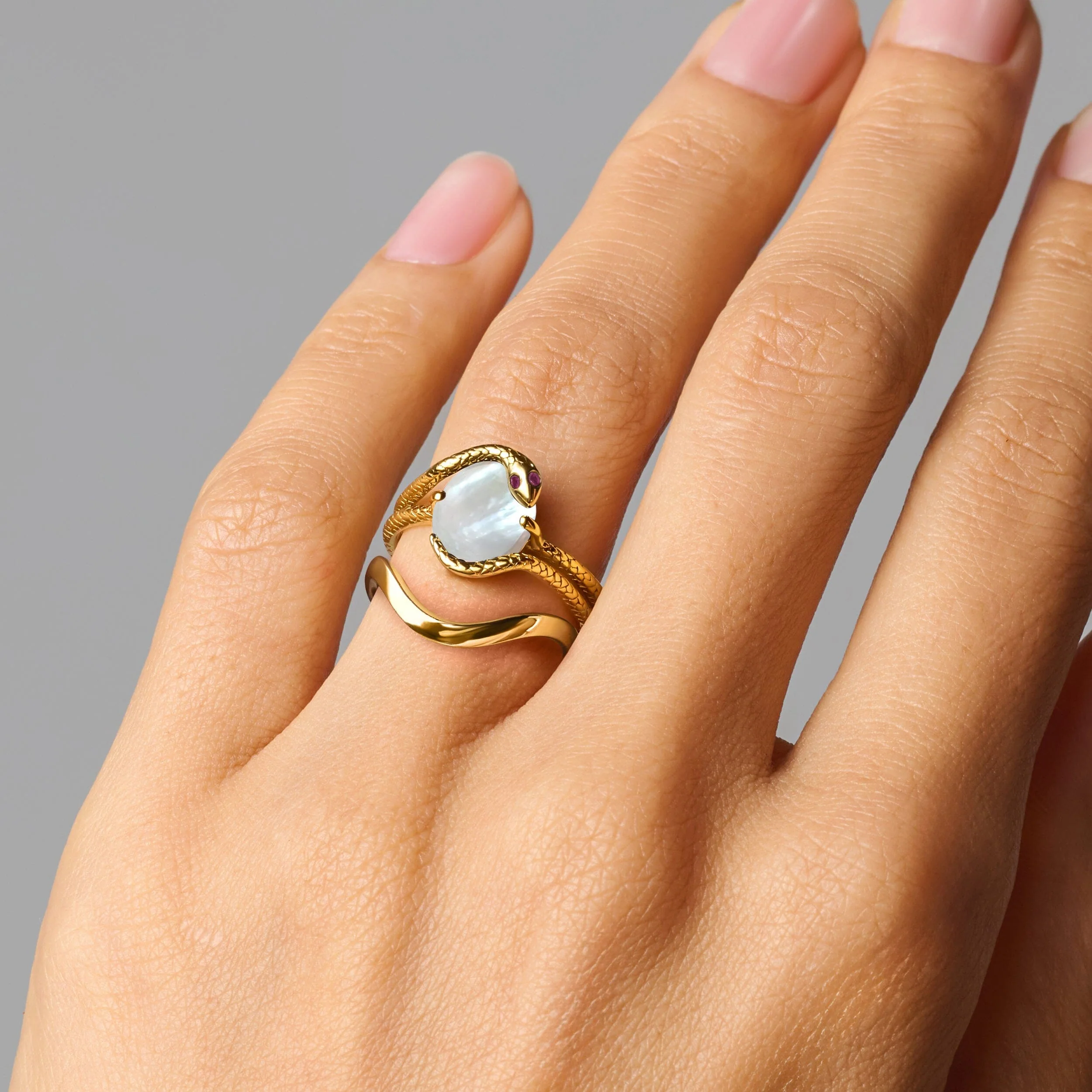 Mother of Pearl Ruby Serpent & Waves Rings - Image 4