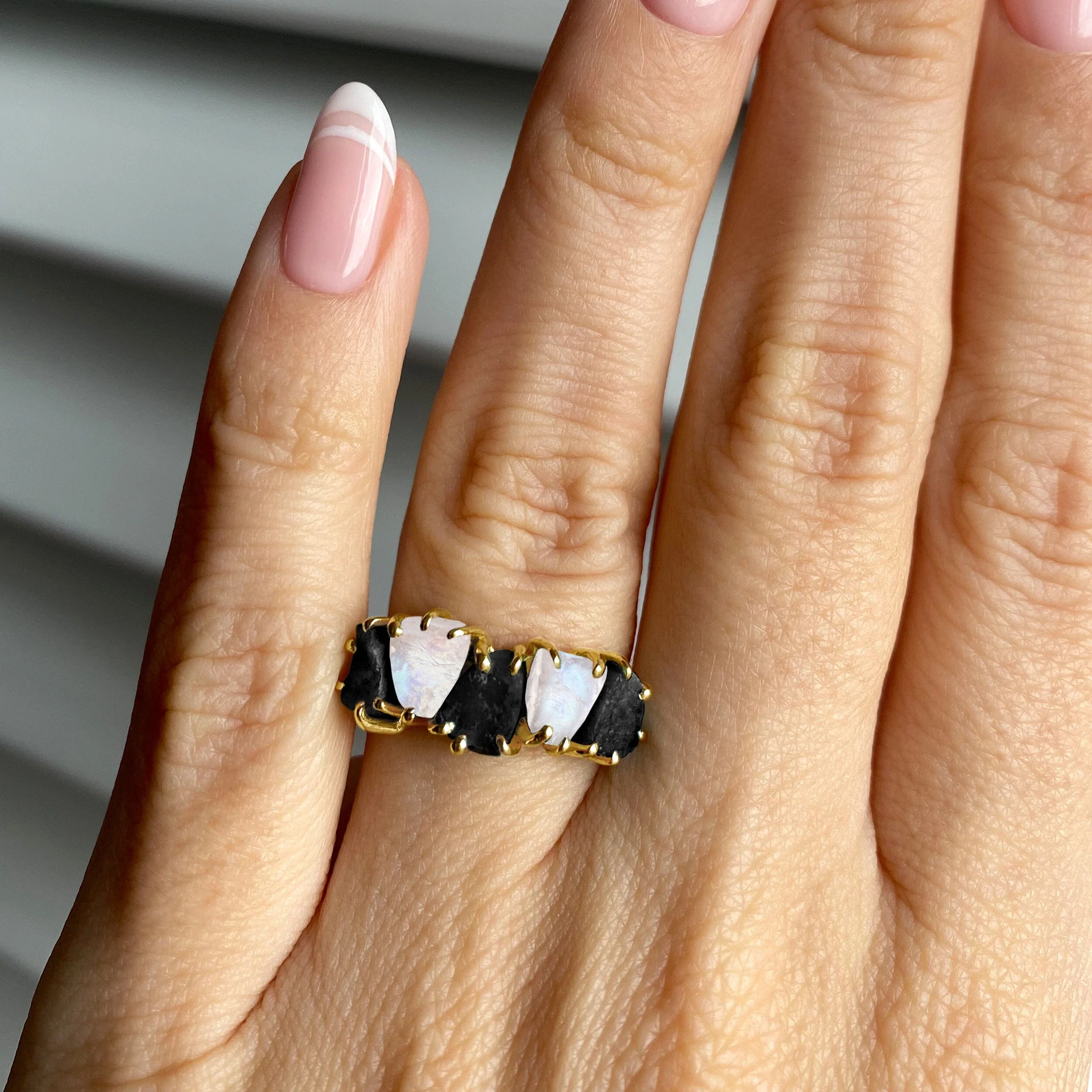 Raw Crystal Ring - Luminous Black Obsidian & Moonstone - Image 6